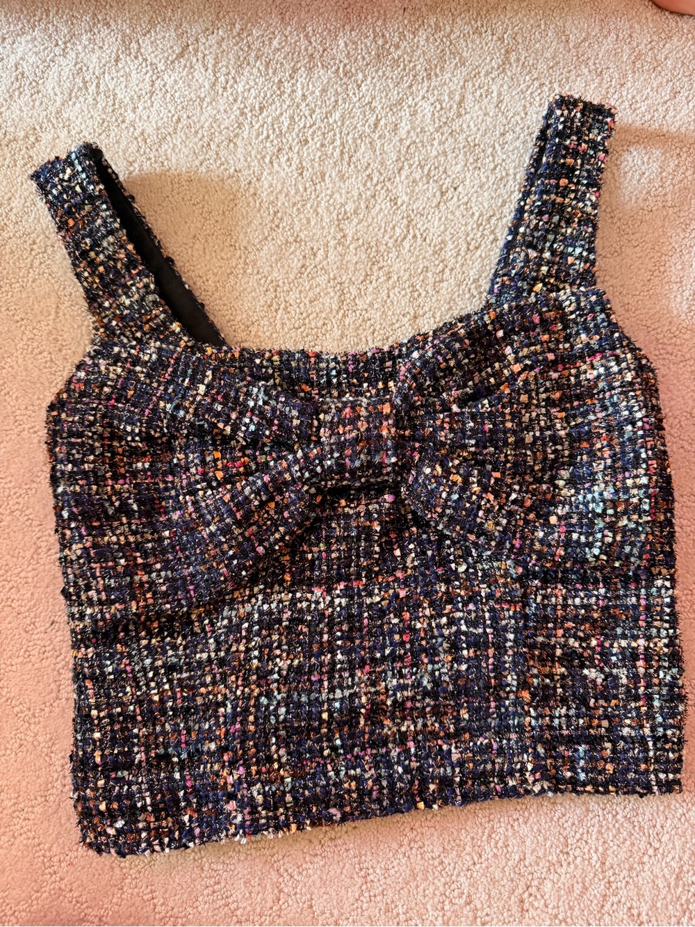 Tweed Bow-Front Cropped Tank Top - Black Multicolor